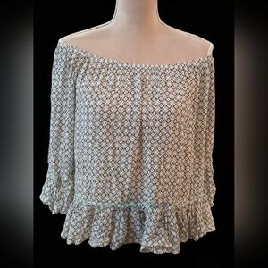 Democracy Off Shoulder Bell Sleeves Black White Blouse Womans Medium